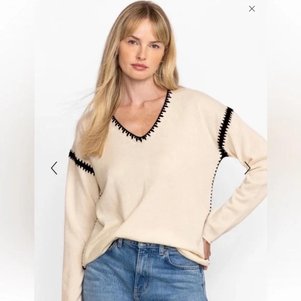 Johnny Was Cream V-Neck Sweater with Black Trim